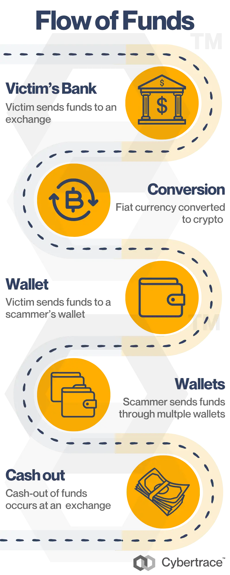 Flow of Funds infographic: the victim's bank sends funds to an exchange, fiat currency is converted to crypto, the victim sends funds to a scammer's wallet, the scammer moves funds through multiple wallets, and cash-out occurs at an exchange.